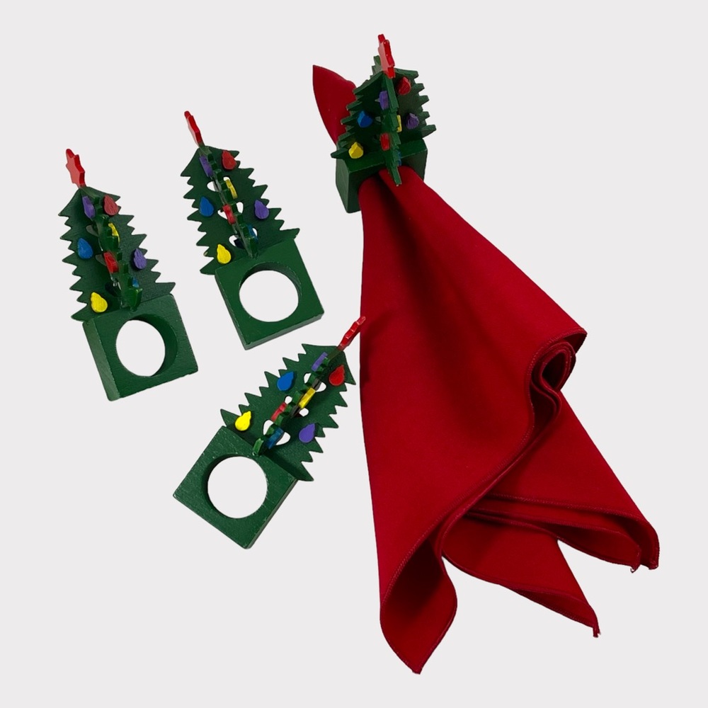 Vintage wooden hand painted 3D Christmas tree napkin rings (set of 4)